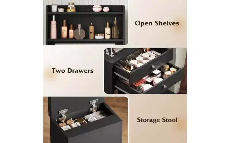 DEXYLLO Petite coiffeuse avec miroir et lumières réglables, ensemble coiffeuse de maquillage avec panneau rabattable et chaise