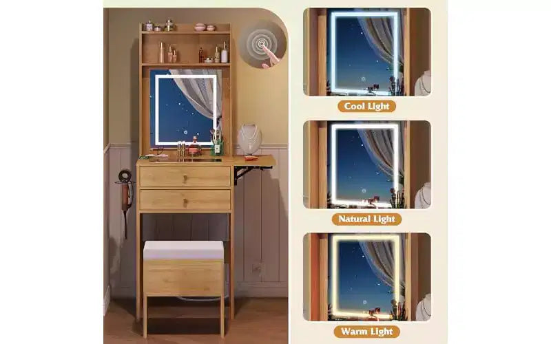 DEXYLLO Petite coiffeuse avec miroir et lumières réglables, ensemble coiffeuse de maquillage avec panneau rabattable et chaise