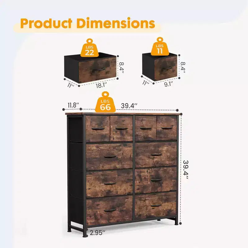 JIONJOY Commode de rangement 10 tiroirs - Organisateur facile à monter pour chambre à coucher, avec dispositif anti-basculement et pieds réglables, noyer antique