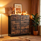 JIONJOY Commode de rangement 10 tiroirs - Organisateur facile à monter pour chambre à coucher, avec dispositif anti-basculement et pieds réglables, noyer antique