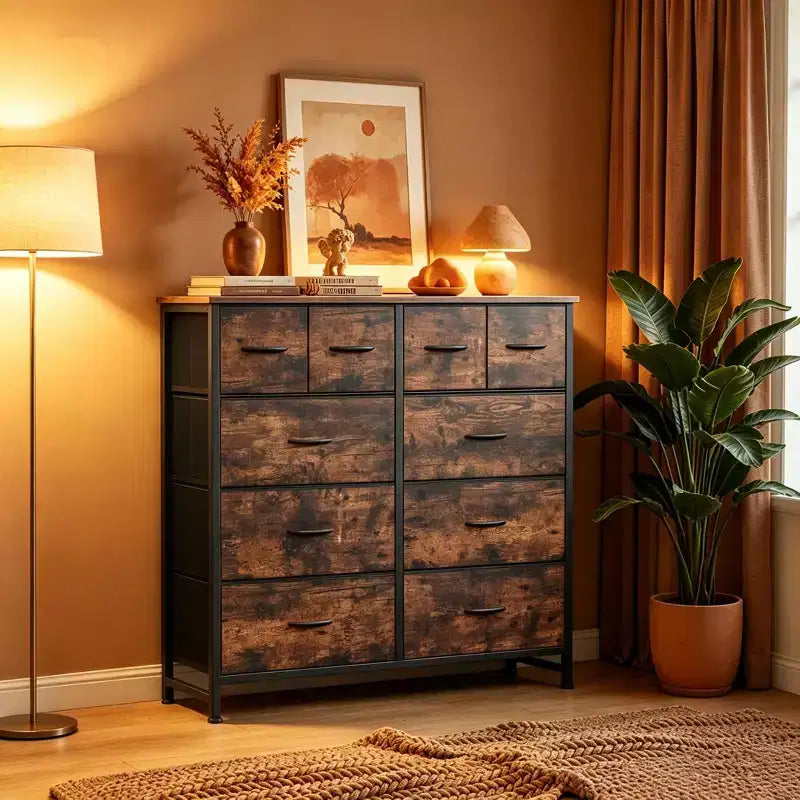 JIONJOY Commode de rangement 10 tiroirs - Organisateur facile à monter pour chambre à coucher, avec dispositif anti-basculement et pieds réglables, noyer antique
