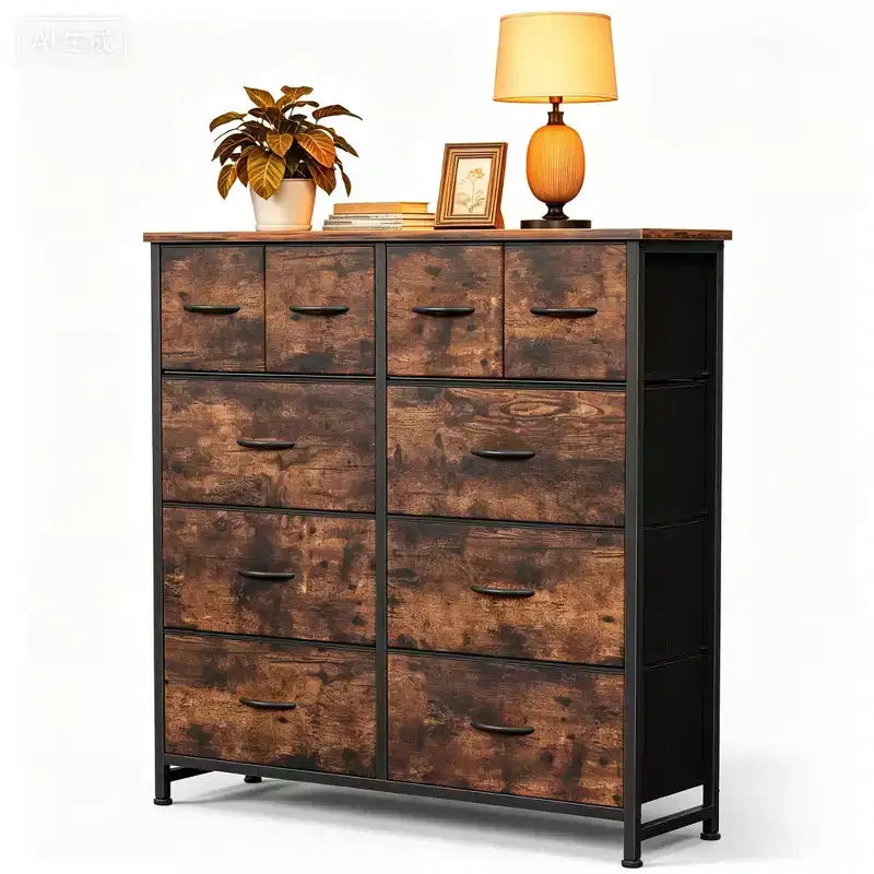 JIONJOY Commode de rangement 10 tiroirs - Organisateur facile à monter pour chambre à coucher, avec dispositif anti-basculement et pieds réglables, noyer antique