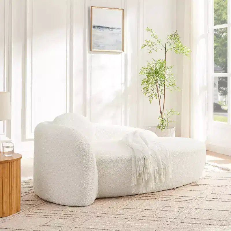 Petit canapé moderne ovale en tissu bouclé, fauteuil d'appoint compact avec accoudoirs latéraux et coussin pour salon et chambre à coucher-Panipeachy