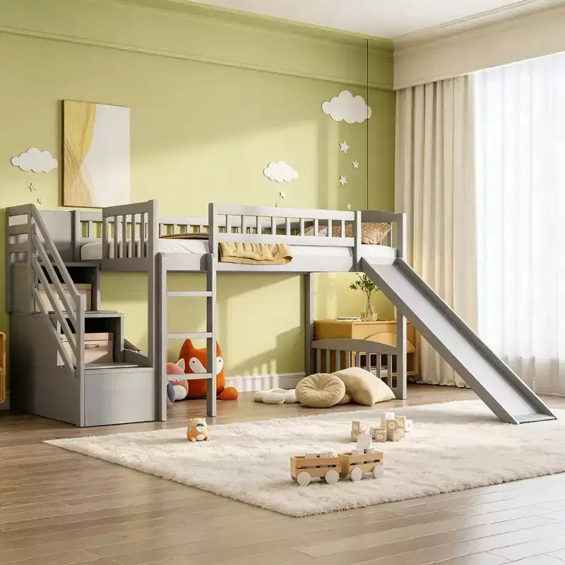 Lit mezzanine double Luxystar avec toboggan et escalier de rangement pour chambre d'enfant