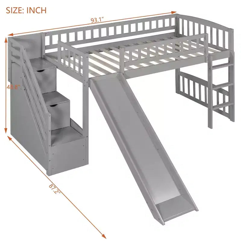 Lit mezzanine double Luxystar avec toboggan et escalier de rangement pour chambre d'enfant