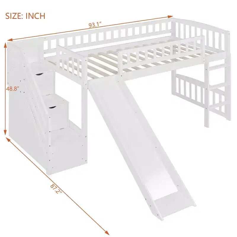 Lit mezzanine double Luxystar avec toboggan et escalier de rangement pour chambre d'enfant