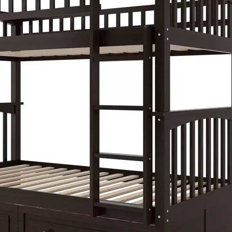 Lit en bois FAMYYT, taille double, avec tiroirs, garde-corps en forme de clôture, échelle, montage facile