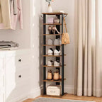 ALUCSET Meuble à chaussures vertical à 8 niveaux, Organisateur de rangement à chaussures en bois avec crochets, Tour à chaussures étroite pour 8 paires, Gain de place, pour entrée, salon