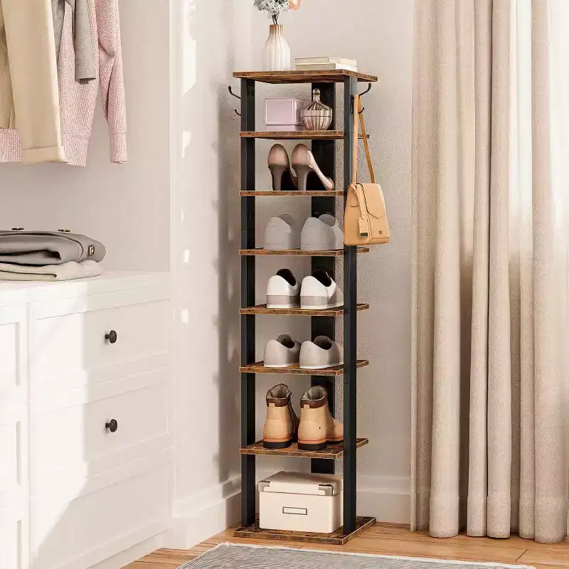 ALUCSET Meuble à chaussures vertical à 8 niveaux, Organisateur de rangement à chaussures en bois avec crochets, Tour à chaussures étroite pour 8 paires, Gain de place, pour entrée, salon