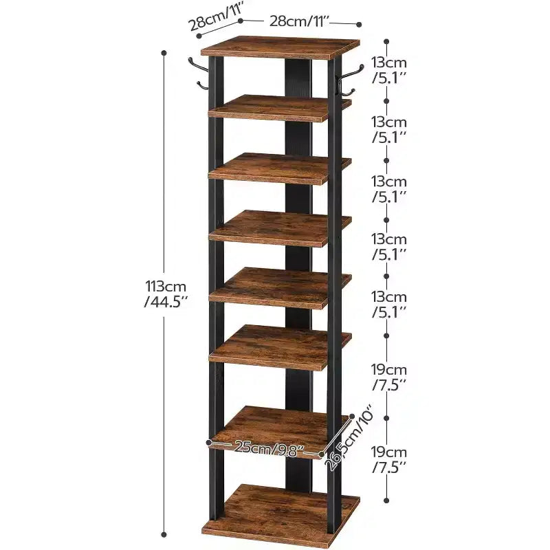 ALUCSET Meuble à chaussures vertical à 8 niveaux, Organisateur de rangement à chaussures en bois avec crochets, Tour à chaussures étroite pour 8 paires, Gain de place, pour entrée, salon