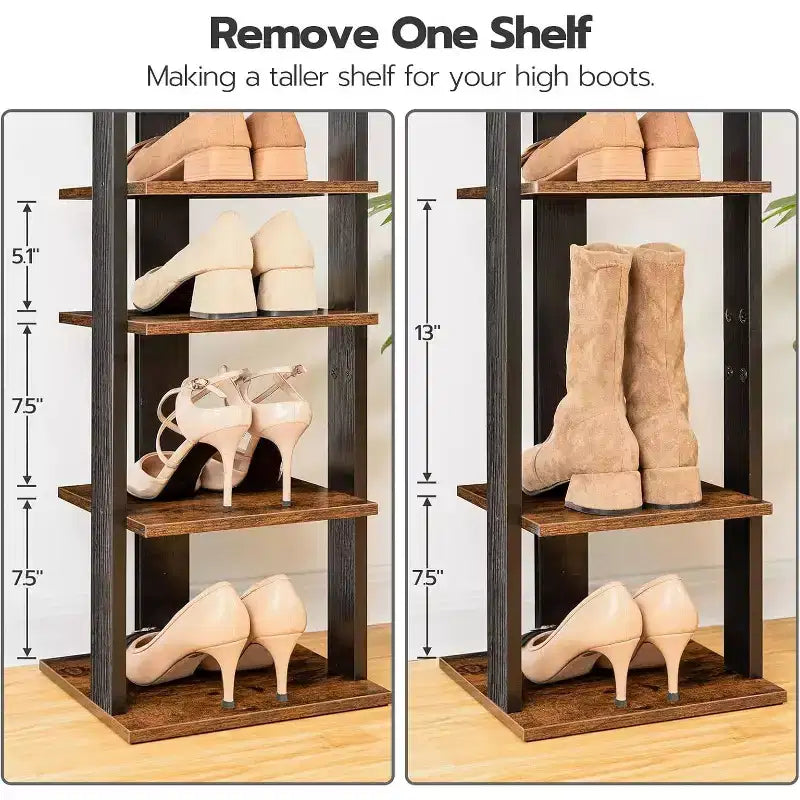 ALUCSET Meuble à chaussures vertical à 8 niveaux, Organisateur de rangement à chaussures en bois avec crochets, Tour à chaussures étroite pour 8 paires, Gain de place, pour entrée, salon