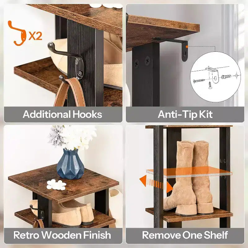ALUCSET Meuble à chaussures vertical à 8 niveaux, Organisateur de rangement à chaussures en bois avec crochets, Tour à chaussures étroite pour 8 paires, Gain de place, pour entrée, salon
