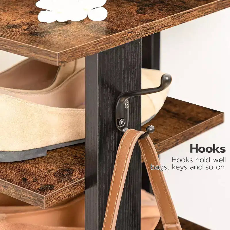 ALUCSET Meuble à chaussures vertical à 8 niveaux, Organisateur de rangement à chaussures en bois avec crochets, Tour à chaussures étroite pour 8 paires, Gain de place, pour entrée, salon