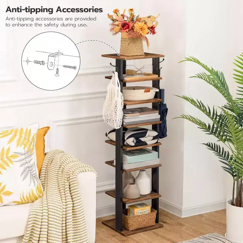 ALUCSET Meuble à chaussures vertical à 8 niveaux, Organisateur de rangement à chaussures en bois avec crochets, Tour à chaussures étroite pour 8 paires, Gain de place, pour entrée, salon