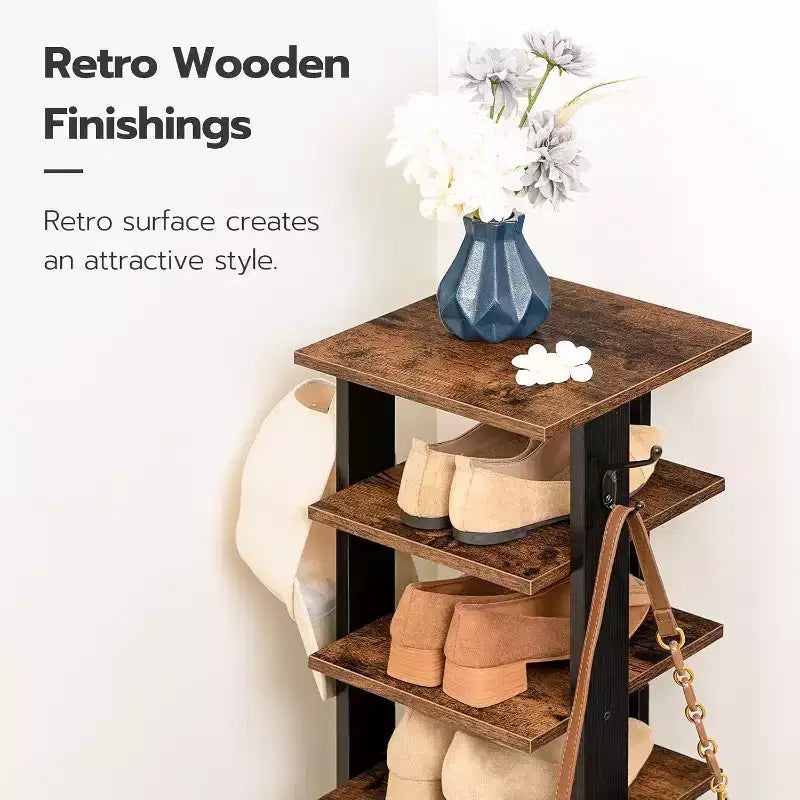 ALUCSET Meuble à chaussures vertical à 8 niveaux, Organisateur de rangement à chaussures en bois avec crochets, Tour à chaussures étroite pour 8 paires, Gain de place, pour entrée, salon