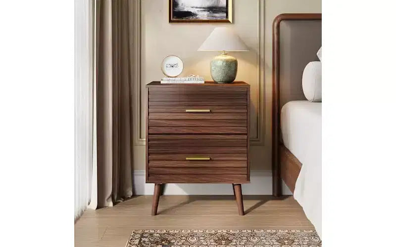 DEXYLLO Table de Chevet Mid-Century Moderne, Table de Nuit en Bois Cannelé avec Deux Tiroirs, Table de Chevet pour Chambre à Coucher, Marron