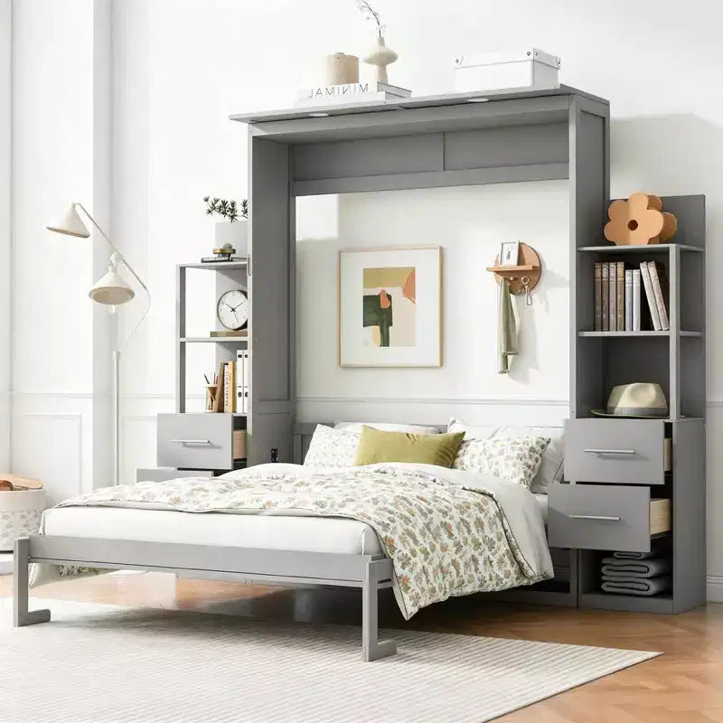 Lit escamotable Queen Luxystar avec étagères de rangement, 4 tiroirs et lumières