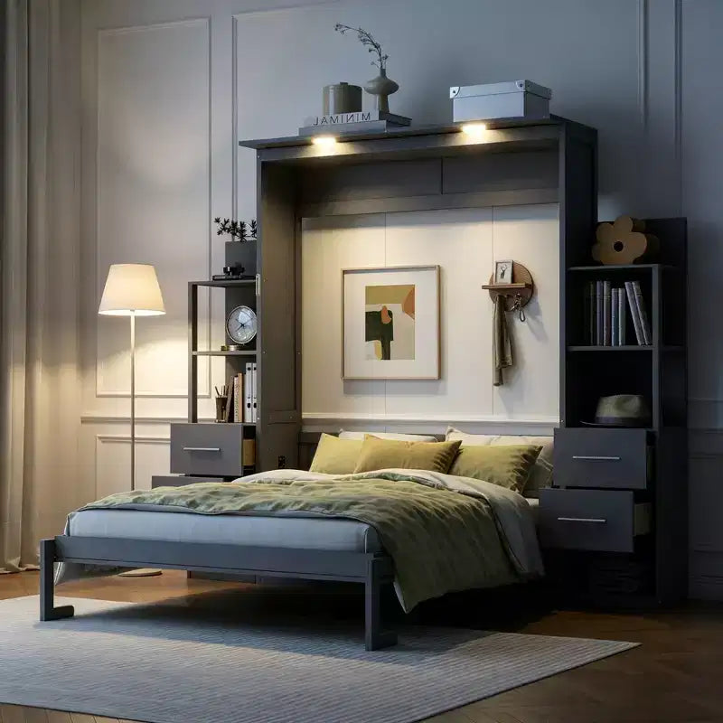 Lit escamotable Queen Luxystar avec étagères de rangement, 4 tiroirs et lumières