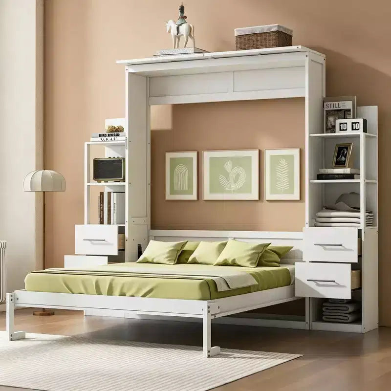 Lit escamotable Queen Luxystar avec étagères de rangement, 4 tiroirs et lumières