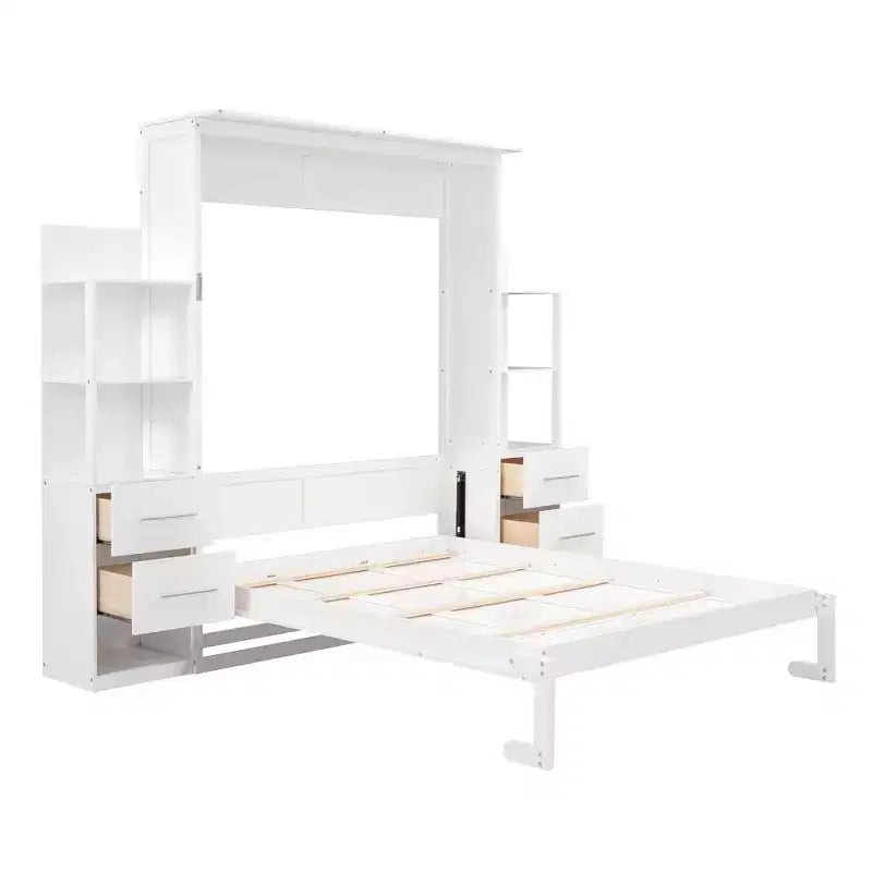 Lit escamotable Queen Luxystar avec étagères de rangement, 4 tiroirs et lumières