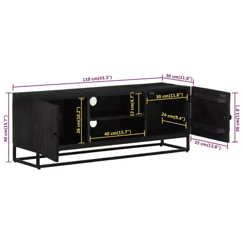 vidaXL Meuble TV Noir Bois de manguier massif et fer 110 x 30 x 40 cm