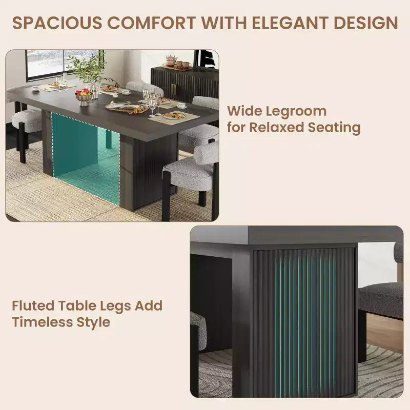 Grande table de salle à manger de 180 cm avec pieds cannelés et rangement, table de cuisine moderne en bois pour 6 à 10 personnes, meuble robuste pour salle à manger