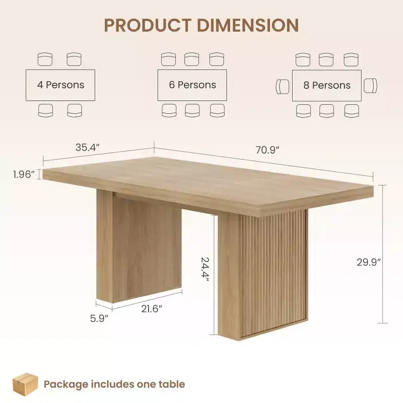 Grande table de salle à manger de 180 cm avec pieds cannelés et rangement, table de cuisine moderne en bois pour 6 à 10 personnes, meuble robuste pour salle à manger