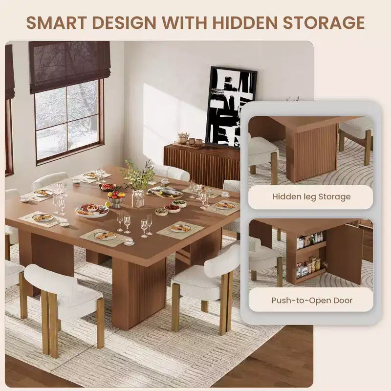 Grande table de salle à manger de 180 cm avec pieds cannelés et rangement, table de cuisine moderne en bois pour 6 à 10 personnes, meuble robuste pour salle à manger