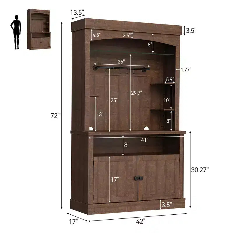 Meuble bar à café de ferme de 183 cm de haut avec lumières réglables, casier à vin et support pour micro-ondes, buffet de rangement, grand garde-manger de cuisine
