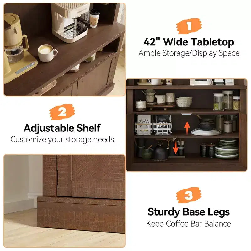 Meuble bar à café de ferme de 183 cm de haut avec lumières réglables, casier à vin et support pour micro-ondes, buffet de rangement, grand garde-manger de cuisine