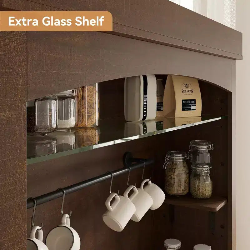 Meuble bar à café de ferme de 183 cm de haut avec lumières réglables, casier à vin et support pour micro-ondes, buffet de rangement, grand garde-manger de cuisine