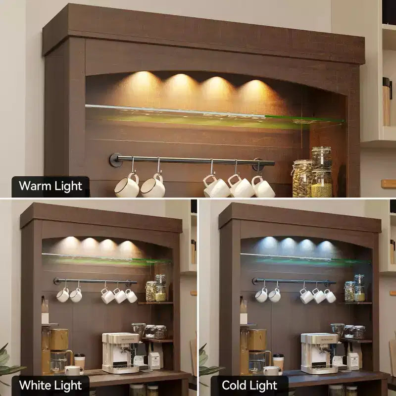 Meuble bar à café de ferme de 183 cm de haut avec lumières réglables, casier à vin et support pour micro-ondes, buffet de rangement, grand garde-manger de cuisine
