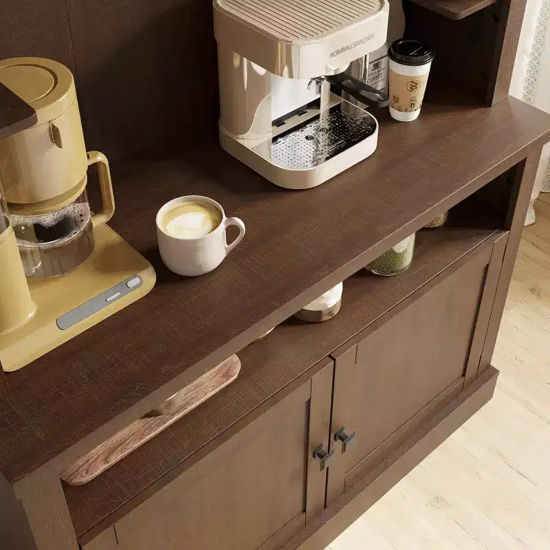 Meuble bar à café de ferme de 183 cm de haut avec lumières réglables, casier à vin et support pour micro-ondes, buffet de rangement, grand garde-manger de cuisine