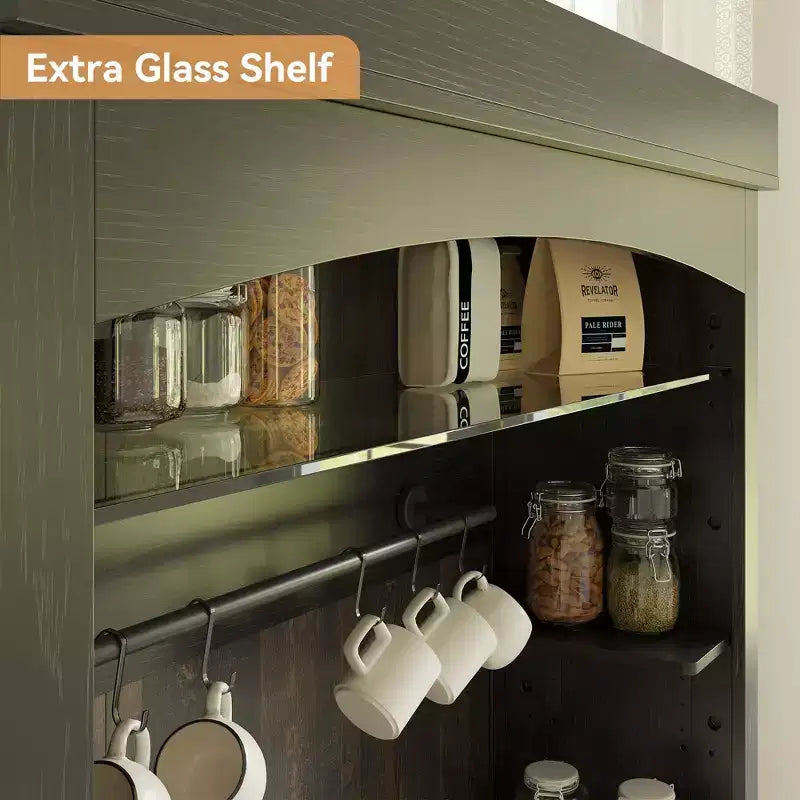 Meuble bar à café de ferme de 183 cm de haut avec lumières réglables, casier à vin et support pour micro-ondes, buffet de rangement, grand garde-manger de cuisine