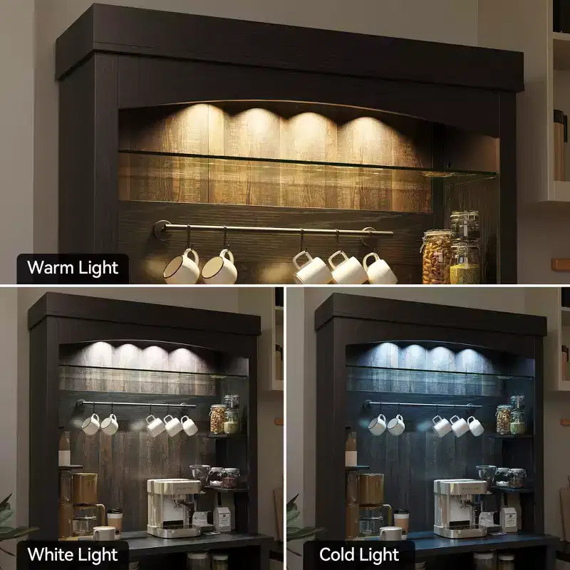 Meuble bar à café de ferme de 183 cm de haut avec lumières réglables, casier à vin et support pour micro-ondes, buffet de rangement, grand garde-manger de cuisine