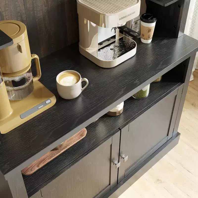 Meuble bar à café de ferme de 183 cm de haut avec lumières réglables, casier à vin et support pour micro-ondes, buffet de rangement, grand garde-manger de cuisine