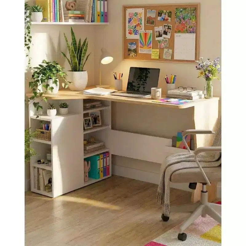 Bureau d'angle en L avec étagères de rangement à 3 niveaux, petit bureau réversible pour petits espaces, poste de travail informatique pour bureau à domicile, études et jeux