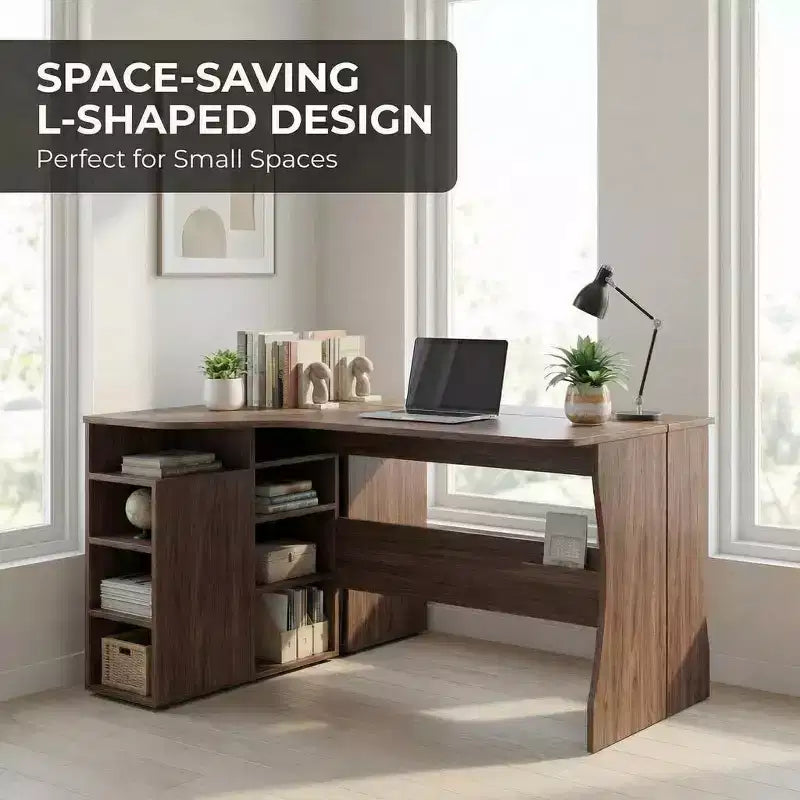 Bureau d'angle en L avec étagères de rangement à 3 niveaux, petit bureau réversible pour petits espaces, poste de travail informatique pour bureau à domicile, études et jeux