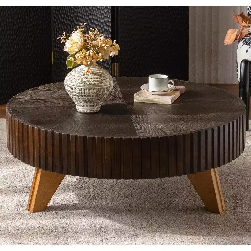 JVNOXK 35,4 Table Basse Ronde Rétro Marron, Pieds Robustes en Bois Massif Plateau en MDF pour Salon Décoration Intérieure