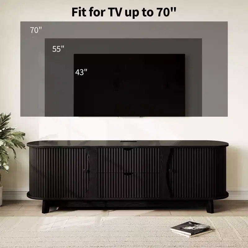 Meuble TV avec prises électriques, 2 tiroirs et 2 placards avec portes grillagées pour téléviseurs jusqu'à 70 pouces, console multimédia