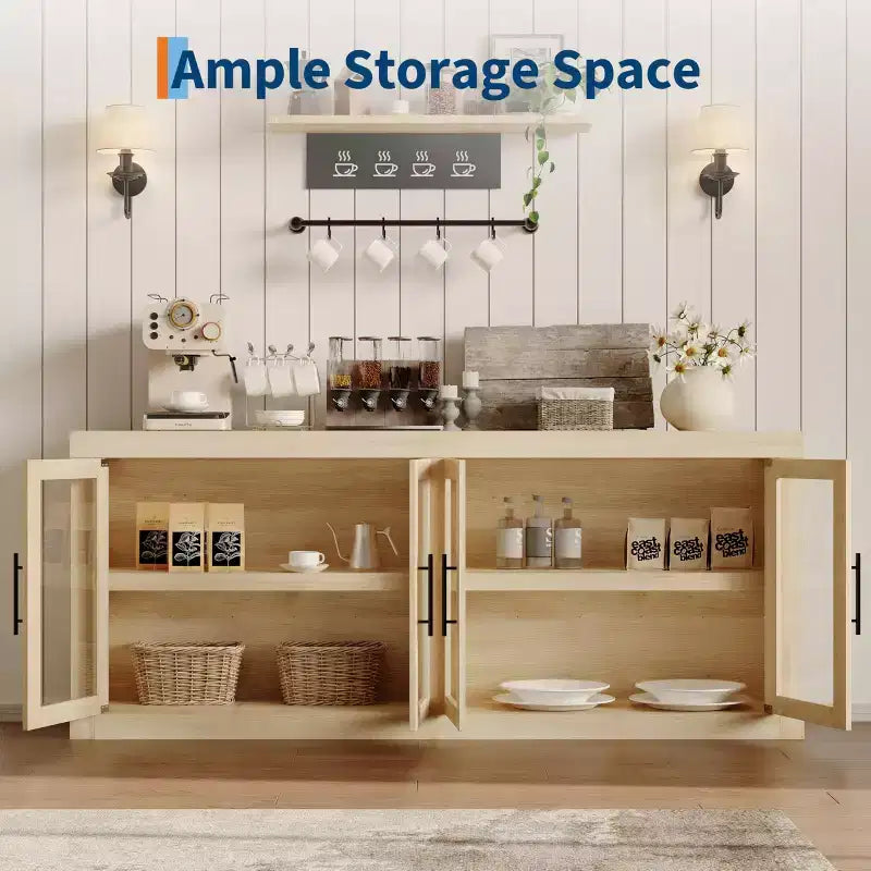 Buffet contemporain avec portes vitrées et plateau en bois épais, grand buffet de rangement pour salle à manger, cuisine et coin café
