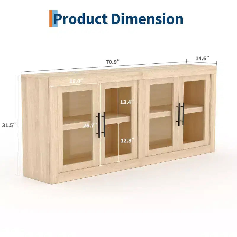 Buffet contemporain avec portes vitrées et plateau en bois épais, grand buffet de rangement pour salle à manger, cuisine et coin café