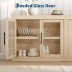 Buffet contemporain avec portes vitrées et plateau en bois épais, grand buffet de rangement pour salle à manger, cuisine et coin café