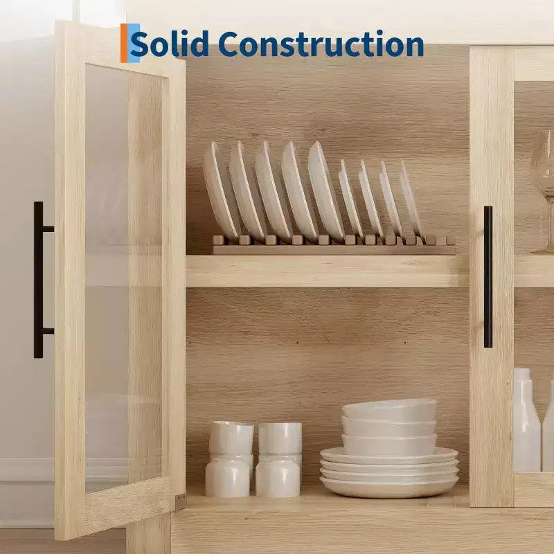Buffet contemporain avec portes vitrées et plateau en bois épais, grand buffet de rangement pour salle à manger, cuisine et coin café