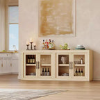 Buffet contemporain avec portes vitrées et plateau en bois épais, grand buffet de rangement pour salle à manger, cuisine et coin café