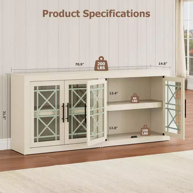 Buffet contemporain avec portes vitrées et plateau en bois épais, grand buffet de rangement pour salle à manger, cuisine et coin café
