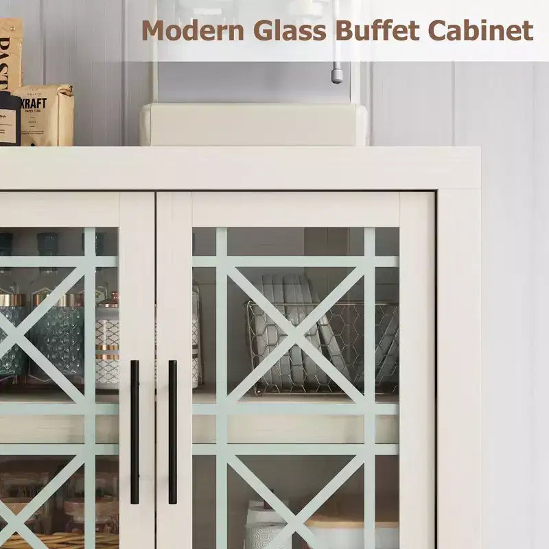 Buffet contemporain avec portes vitrées et plateau en bois épais, grand buffet de rangement pour salle à manger, cuisine et coin café