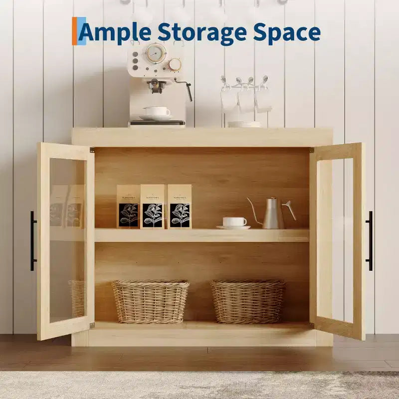 Buffet contemporain avec portes vitrées et plateau en bois épais, grand buffet de rangement pour salle à manger, cuisine et coin café