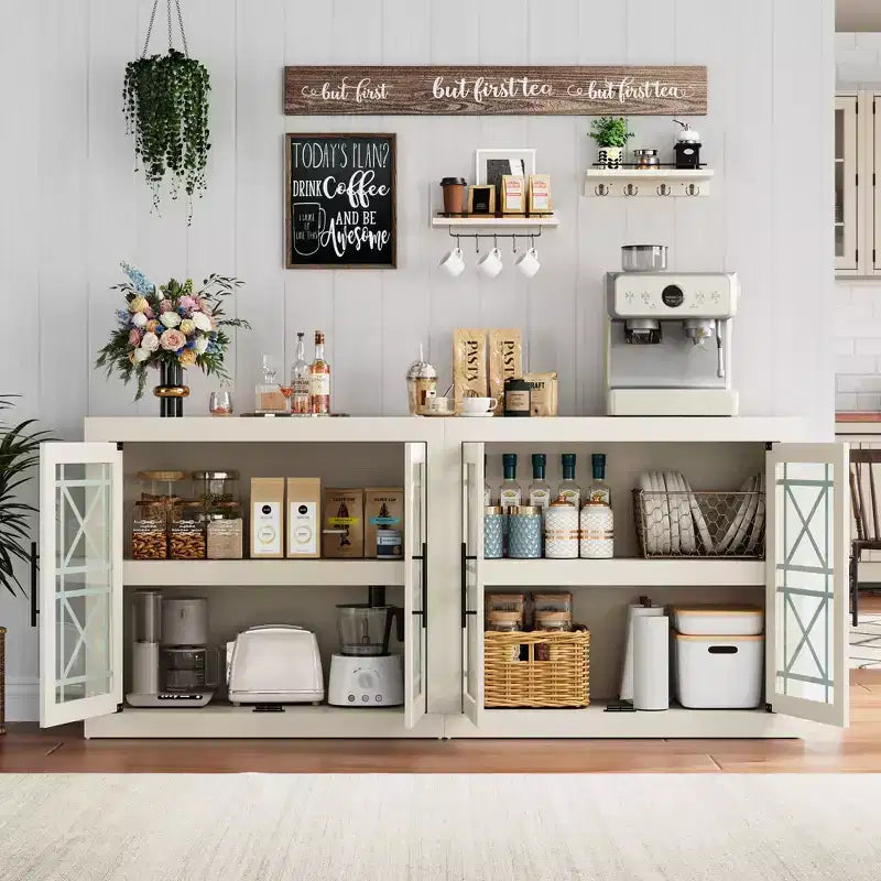 Buffet contemporain avec portes vitrées et plateau en bois épais, grand buffet de rangement pour salle à manger, cuisine et coin café