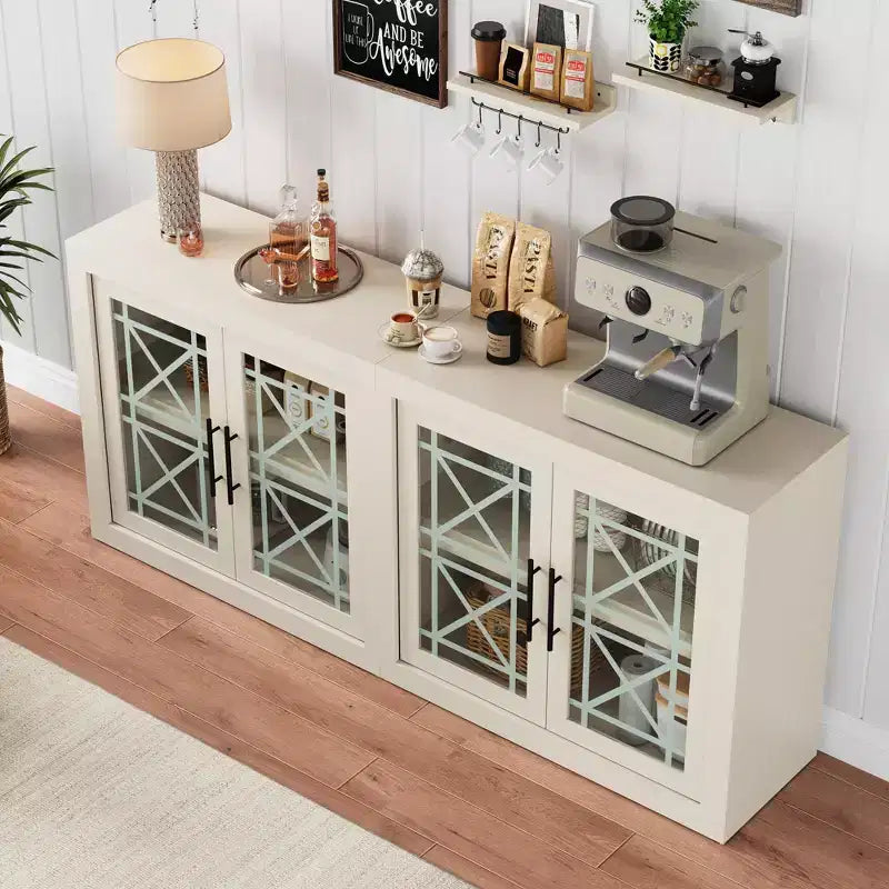 Buffet contemporain avec portes vitrées et plateau en bois épais, grand buffet de rangement pour salle à manger, cuisine et coin café